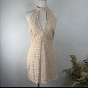 The Room Lace Halter Mini Dress Large L Beige Tan Crochet Boho Keyhole Neckline